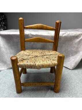 Miniature Wooden Ladder-Back Doll Chair with Woven Straw Seat Vintage